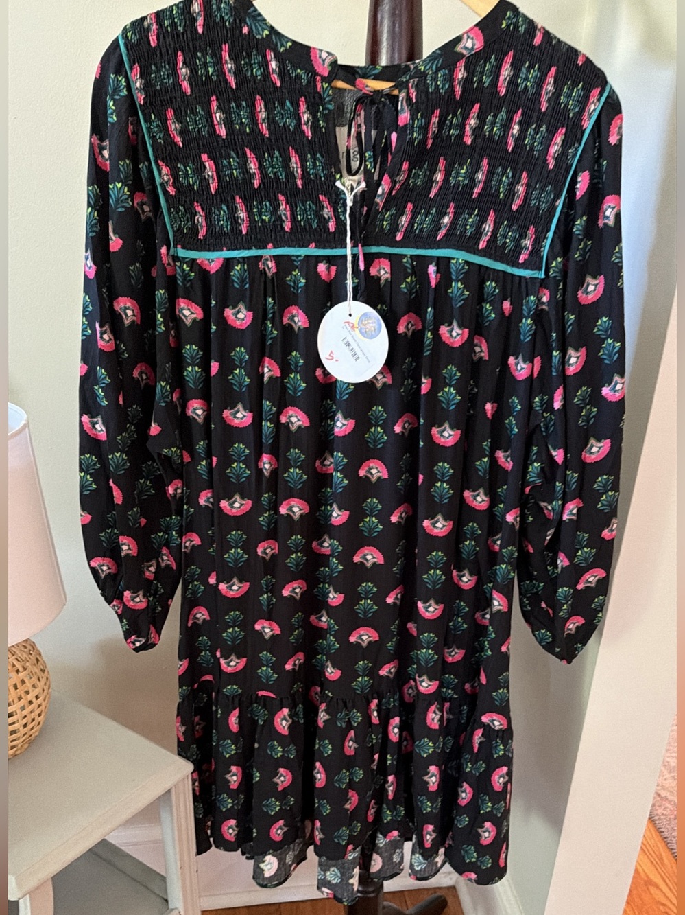 Umgee Black Floral Smocked Yoke Dress with Pink Accents Size 2x NWT
